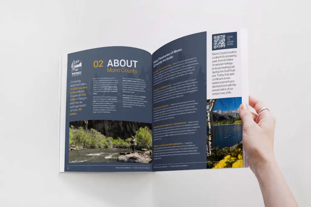 Interior spread of the Mono County Annual Report showing the “About” section with typography, imagery, and structured layout.