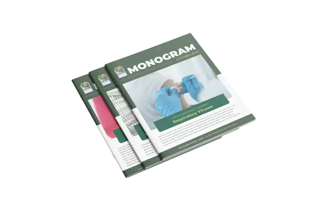 Stack of Mono County “Monogram” newsletters designed for Caporusso Communications, featuring public health updates and branded layouts.