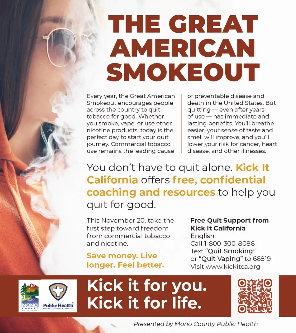 Great American Smokeout public health ad designed for Caporusso Communications and Mono County Public Health, encouraging residents to quit smoking with free resources and support.